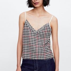 NWT Zara Houndstooth Suede Beige/Burgundy Top S